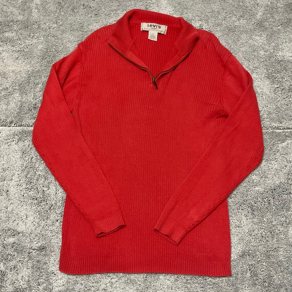 Vintage Levis Men Large Red Quarter Zip Sweater Ribbed Knit 100% Cotton Y2K Logo